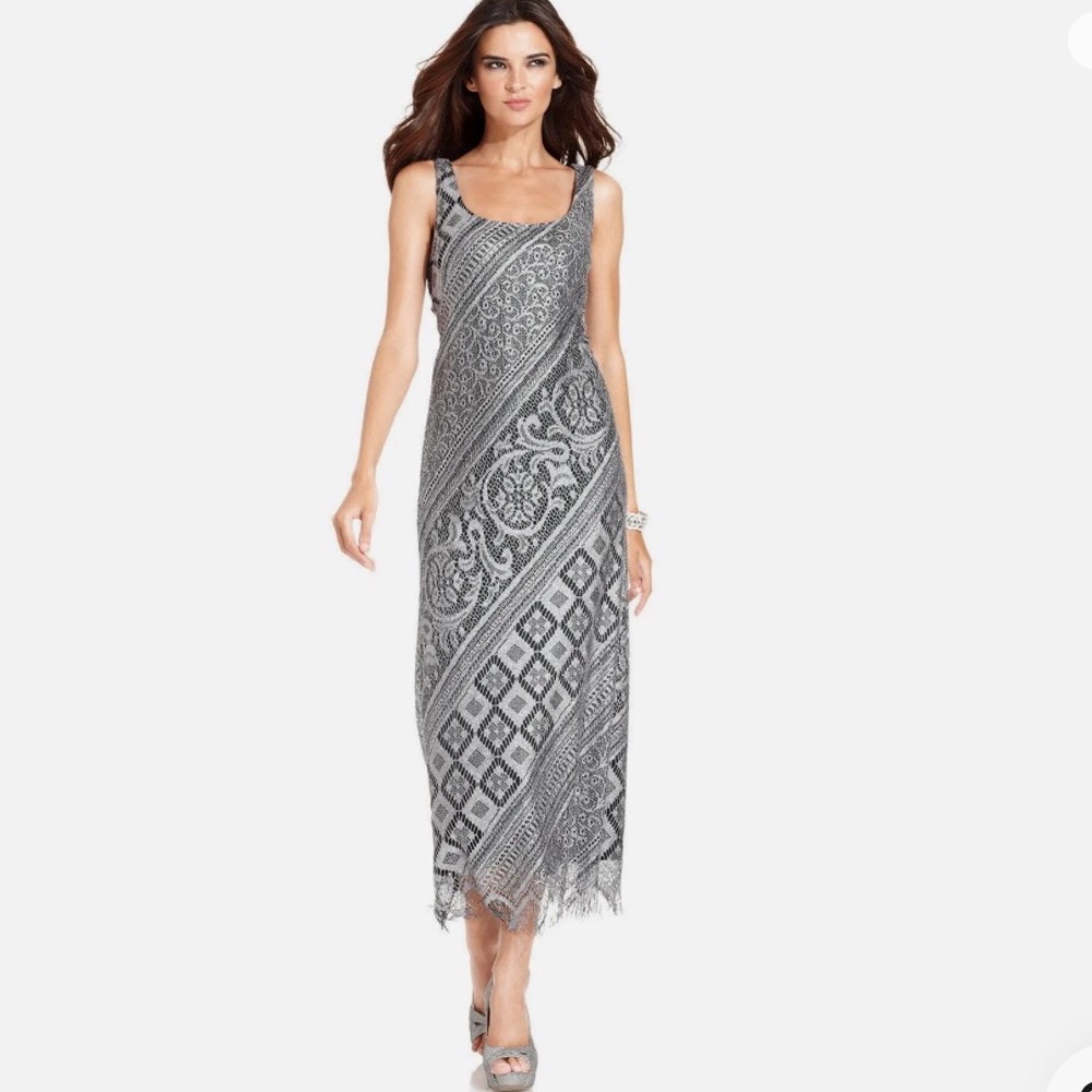 Beautiful Silver Crochet Gown W/Fringed Hem Cocktail Dress,